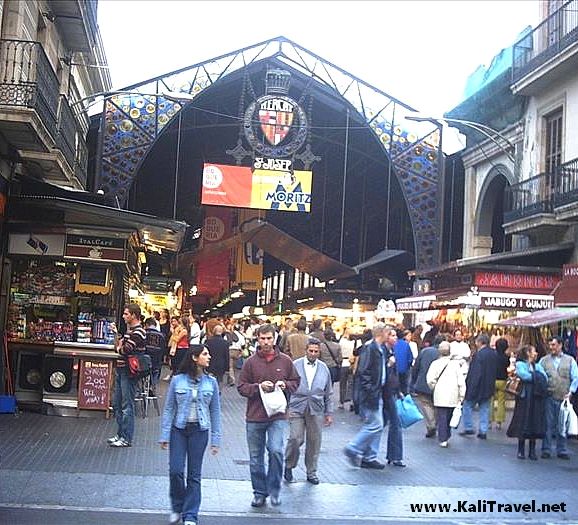 People outside La Boqueria indoor market.