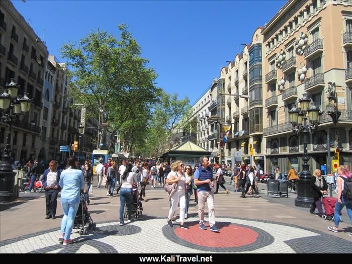 People walking along La Rambla boulevard.