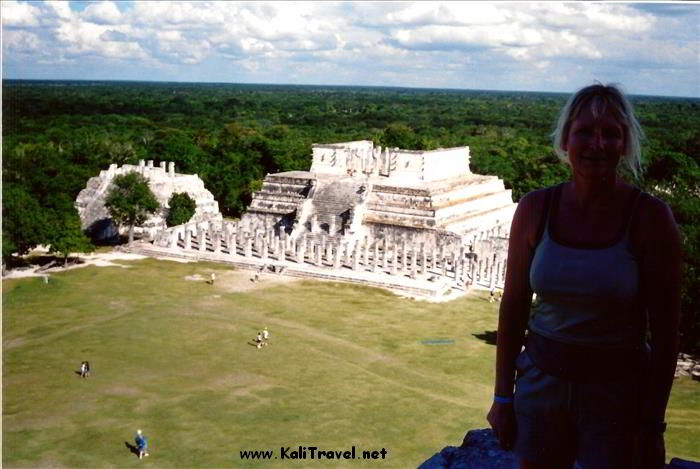 Me on top of the pyramid with the ruins of Chichen Itza below!
