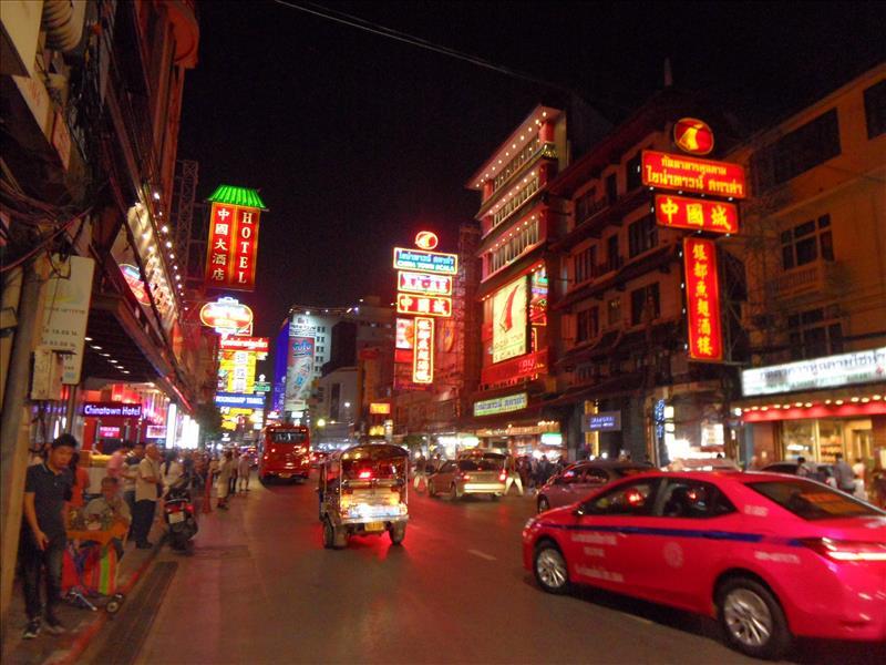 Evening street scene in Bangkok's China Town.