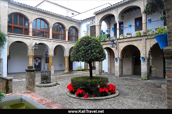 Cobbled courtyard with ornamental tree surrounded by archways in historic Córdoba.