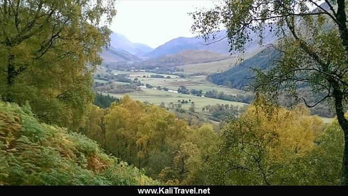 View through the trees to Glen Lyon in the Scottish Highlands.