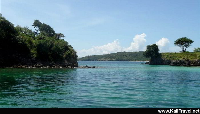 Turquoise sea and land with green trees.