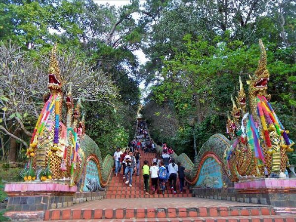 The dragon-like Naga staircase leading up to Wat Doi Suthep Temple.