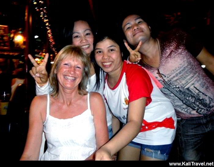 Me (Kali) with some friendly 'lady boys' in a Silom restaurant terrace in Bangkok.