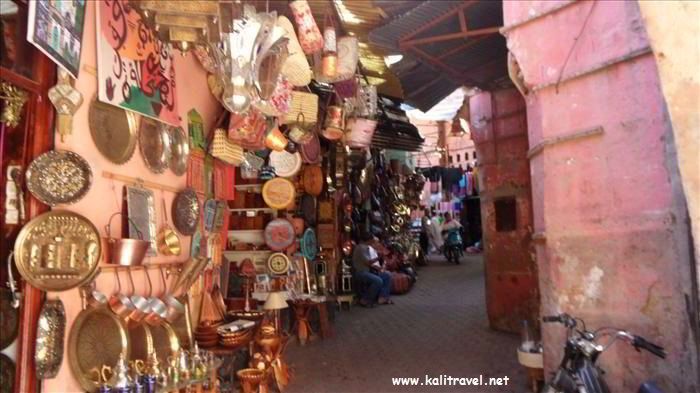 Narrow streets in the souks of Marrakesh Medina