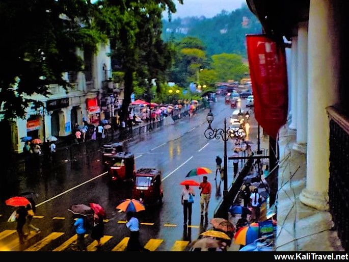 Street scene of Kandy old town in the rain.