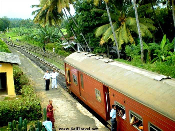 Sri Lanka train at a little station between Kandy and Rambukkana.