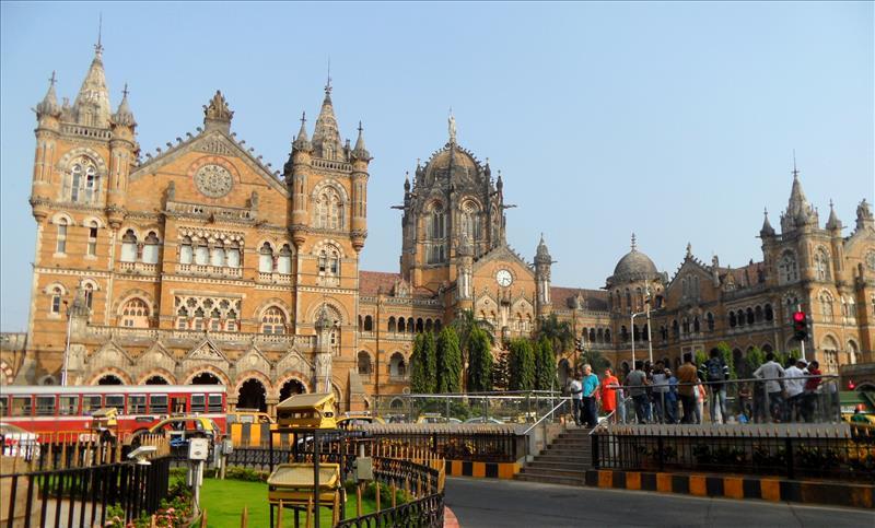 Elaborate colonial style façade of Victoria train terminal in Mumbai.
