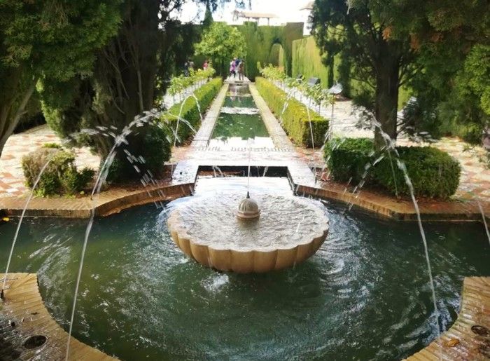 Fountains in Granada's Alhambra Palace gardens.
