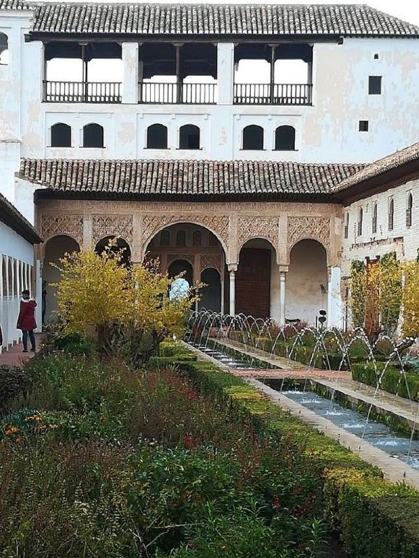 Alhambra Palace Gardens with fountains.