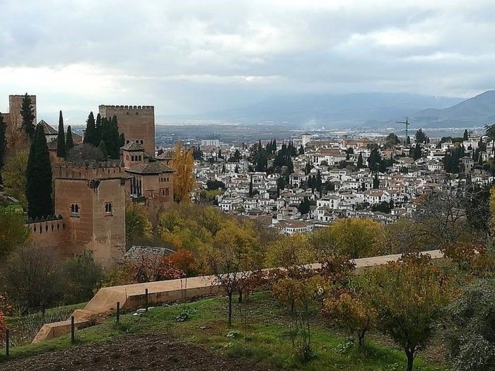 Torres del Palacio de la Alhambra entre árboles y las casas blancas de Granada al fondo.