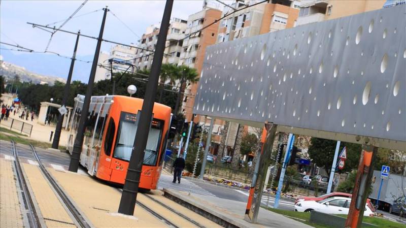 Modern Alicante TRAM at a stop on the Costa Blanca in Spain.