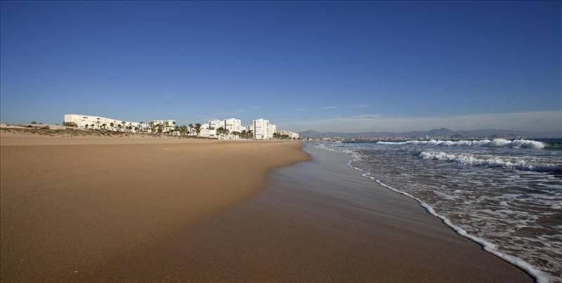 Sands of Saladares Urbanova Beach in Alicante, Costa Blanca.