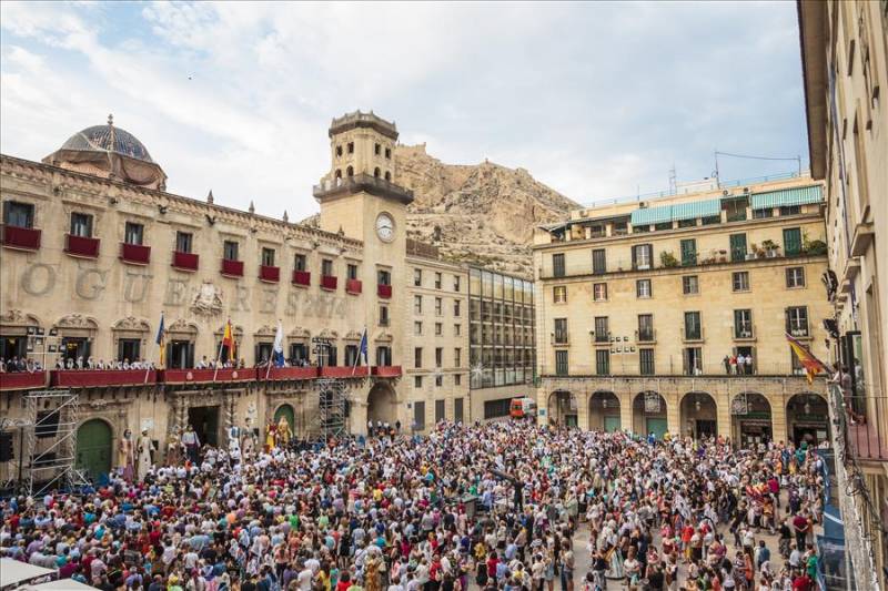 Crowds in Alicante Townhall Plaza for San Juan festival, Costa Blanca.