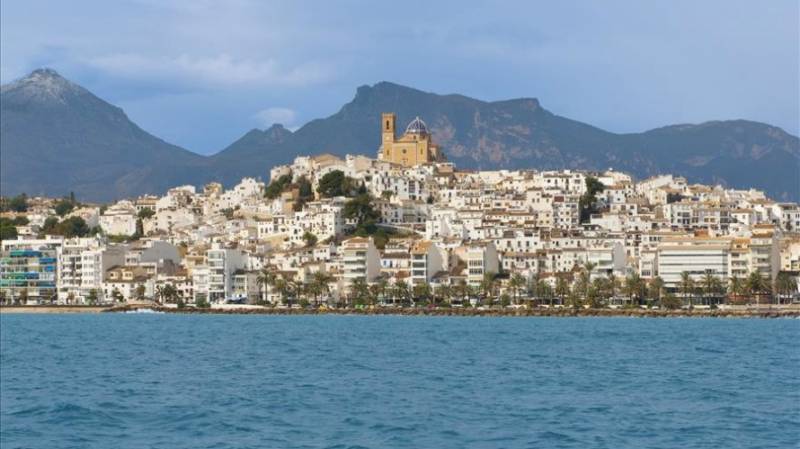 Altea old town on the hill seen from the Mediterranean Sea in Spain.
