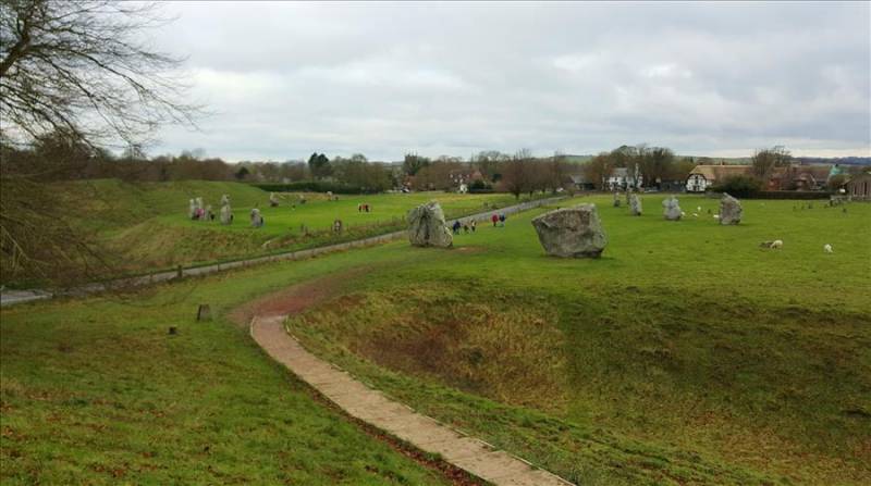 Path to Avebury Stone Circle with Thatched cottages in distance, Wiltshire.