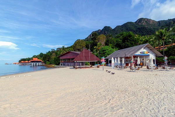 White sandy beach in front of Berjaya Langkawi Resort in Malaysia.