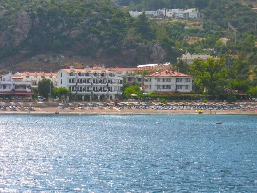 View over the sea to one of the best beaches in Marmaris. 