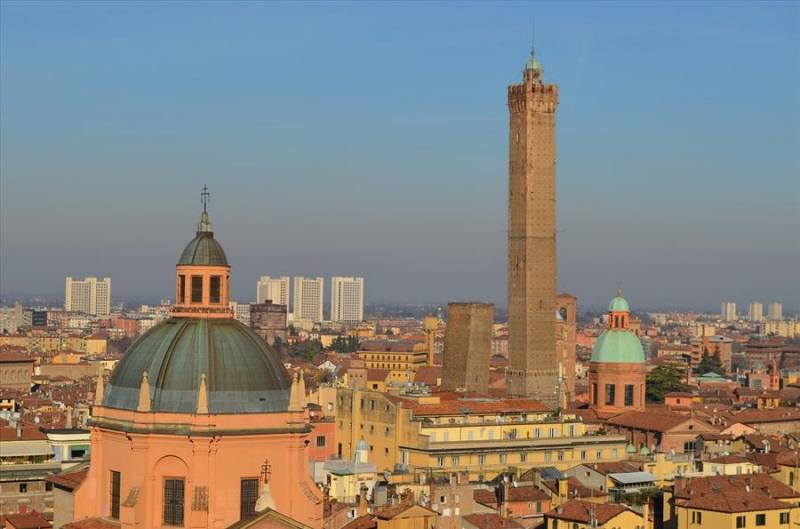 Domes and towers of Bologna seen from San Petronio Basilica.
