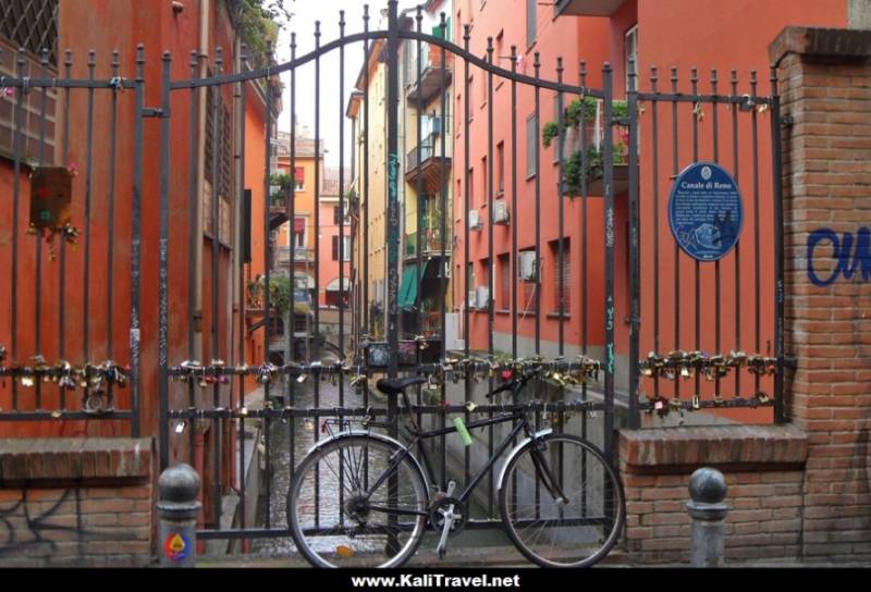 Canale Di Reno love lock gate in the hidden waterway of Bologna.