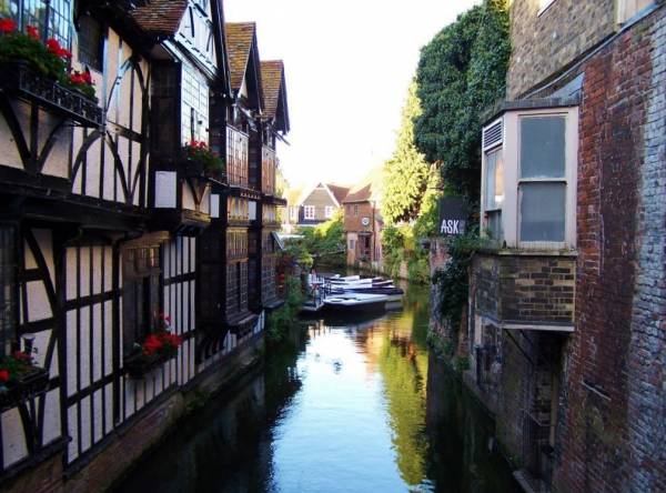 Half-timbered houses beside canal in Canterbury, Kent.