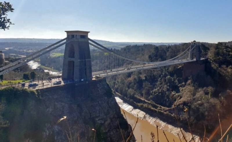 Clifton Suspension Bridge crosses River Avon Gorge connecting England to Wales.