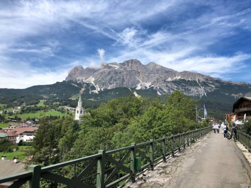  Old railway bridge in Cortina and the Tofane Mountains, Italian Alps.