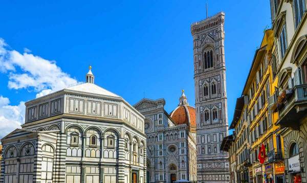 View of Florence Baptistery, Cathedral Dome and Campanile, Italy.