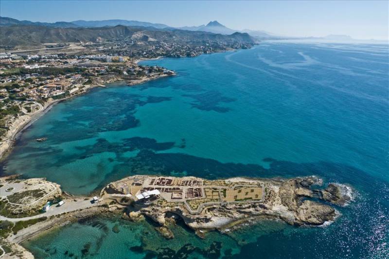 Aerial view of La Illeta dels Banyets archealogical site in the Mediterranean Sea in El Campello, Spain.