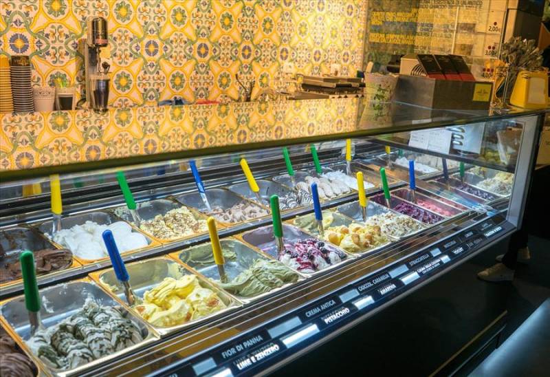 Selection of 'gelato' in a tradional icecream parlour in Italy.