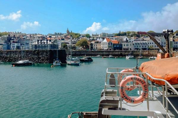 View across the sea to St. Peter’s Port in Guernsey.