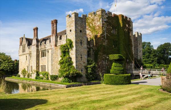 Stone façade and turrets of Hever Castle in Kent.