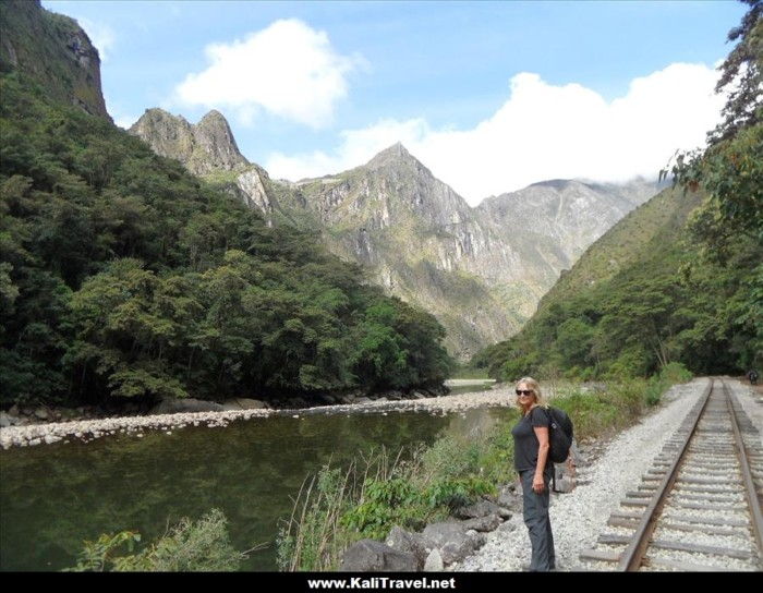 Trekking beside the railway track on the hidroelectrica route to Machu Picchu.