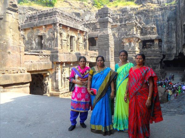 Indian Tourists at Cave Temple 16 in Ellora.