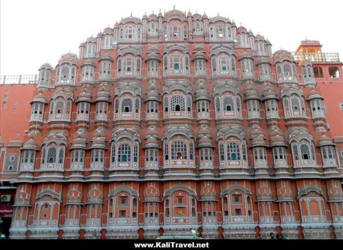 Jaipur's pink 'wind palace' with tiers of intricately decorated windows.