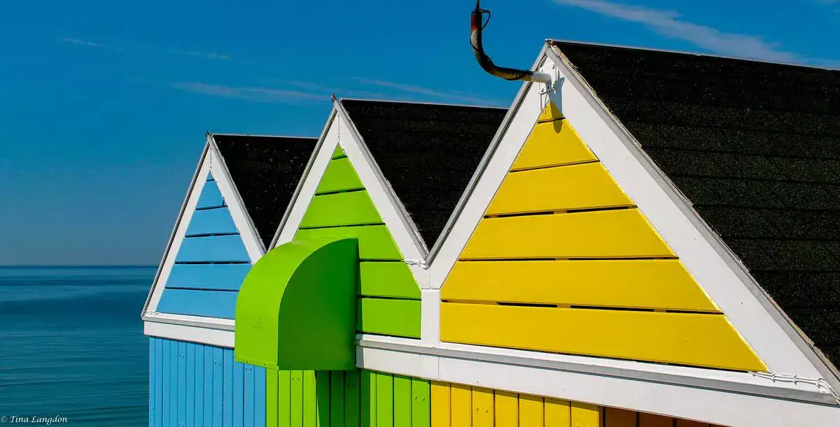 Beach huts at Bel Royal on Jersey Channel Island.