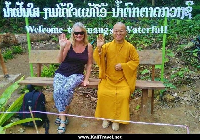 Kali with a Lao monk at kuansi Falls near Luang Prabang.