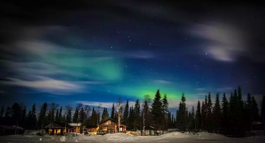 Green northern lights in the sky over cabins and fir trees at Kiruna in Lapland.