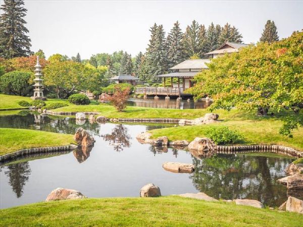 Lake and pagodas at Nikka Yuko Japanese Garden in Lethbridge, Alberta.