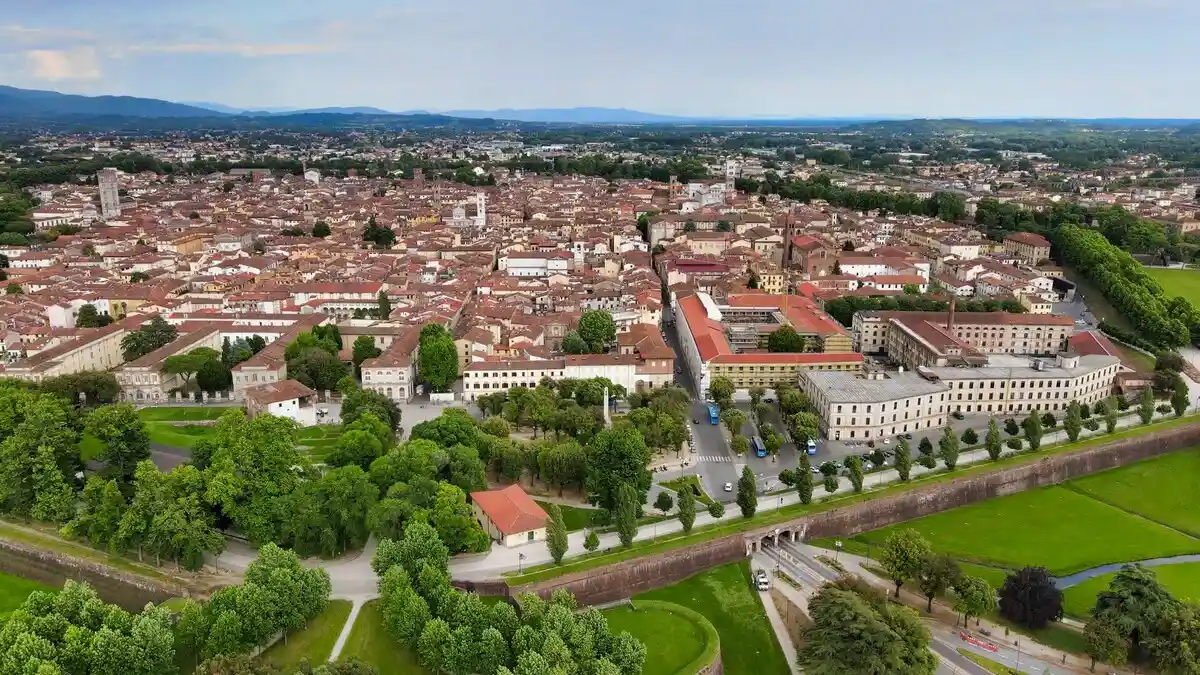Aerial view of the medieval walled city of lucca, Italy.