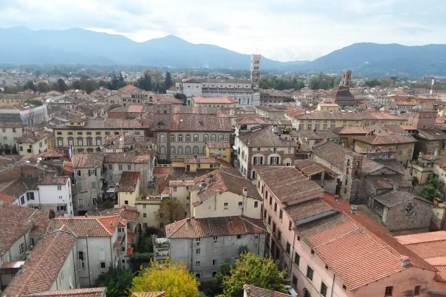 Panoramic view over medieval Lucca from the top of Guingi Tower.
