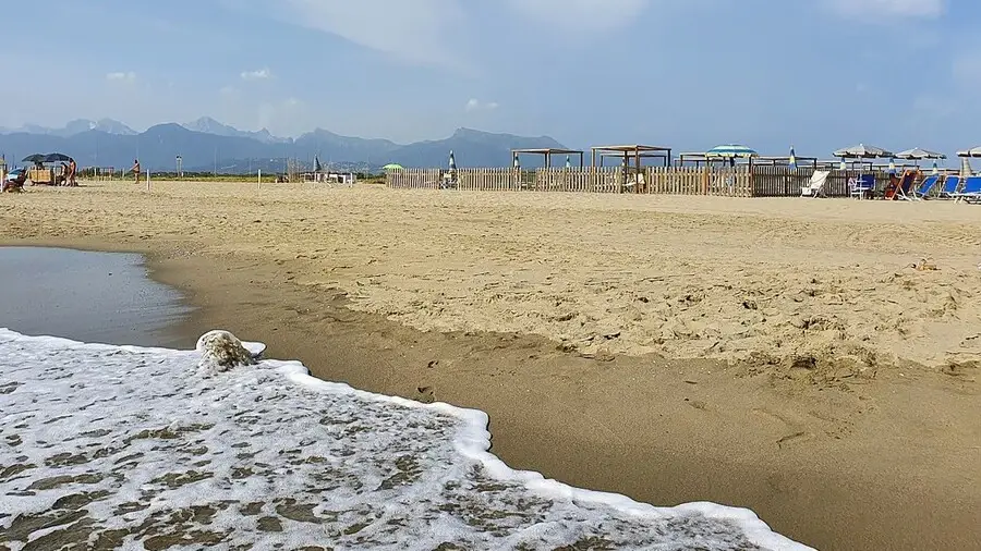 Sea washing up to the shore of a golden sand beach near Lucca.