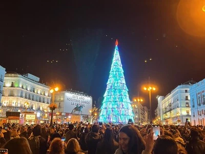 Illuminated Christmas tree during New Year celebrations in Madrid.