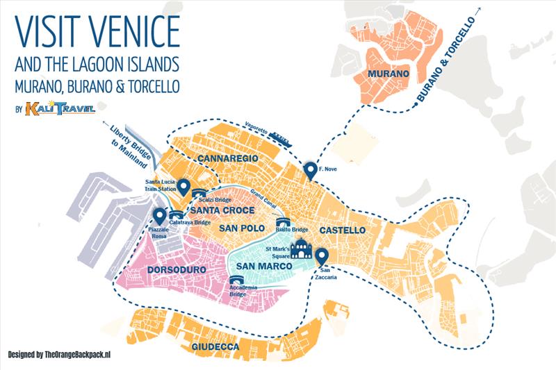 Map of Venice and the Lagoon Islands showing how to visit Murano Burano and Torcello by Vaporetto.