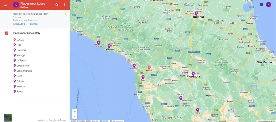 Google map of Italy with the best places to see near Lucca.