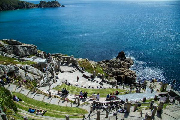 The Minack Theatre carved out of the granite outcrops over a gully on the Cornish coast.