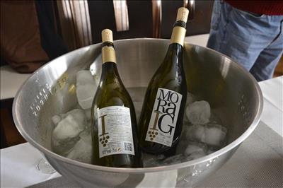 2 bottles of white Moraig wine on ice from Teulada in Spain.