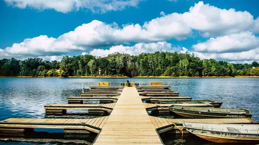 Rowing boats moored on a wooden walkway on a lake.