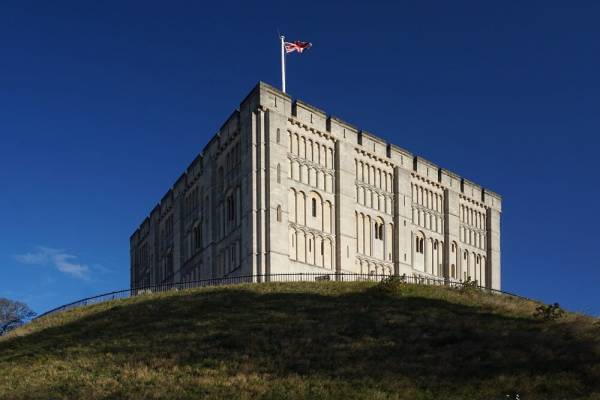 Square shape of the castle keep in Norwich city, a day trip from London.